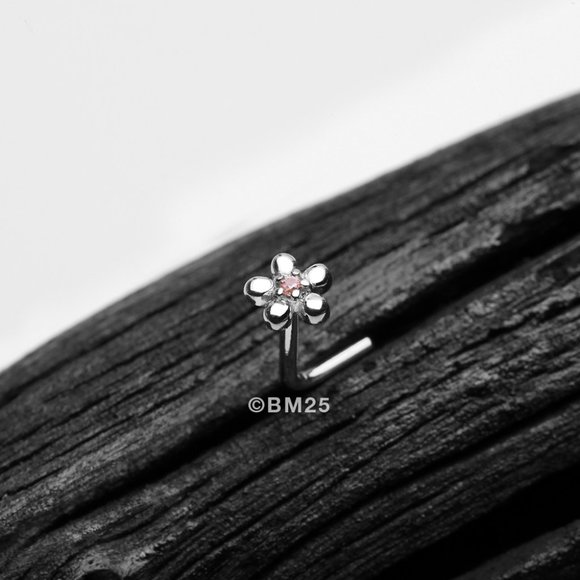 14 Karat White Gold Adorable Flower Sparkle L-Shaped Nose Ring - Pink Gem - Picture 1 of 2